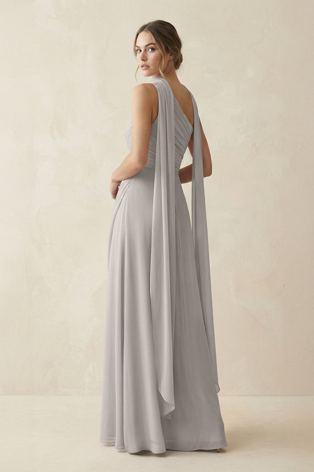 One - Shoulder Sheath Chiffon Bridesmaid Dress with Ribbon in Silver - KissProm Bridesmaid Dresses