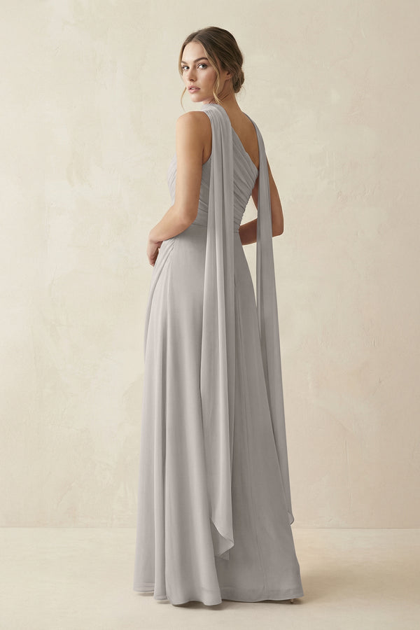 One - Shoulder Sheath Chiffon Bridesmaid Dress with Ribbon in Silver - KissProm Bridesmaid Dresses