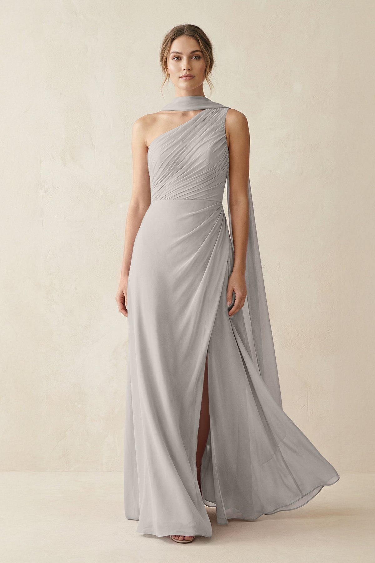 KissProm One-Shoulder Sheath Chiffon Bridesmaid Dress with Ribbon in Silver, Silver / 2