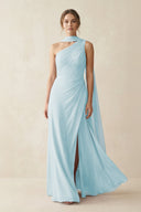 One - Shoulder Sheath Chiffon Bridesmaid Dress with Ribbon in Sky Blue - KissProm Bridesmaid Dresses