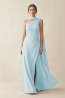 One - Shoulder Sheath Chiffon Bridesmaid Dress with Ribbon in Sky Blue - KissProm Bridesmaid Dresses
