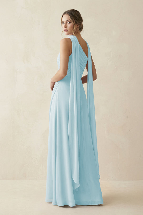 One - Shoulder Sheath Chiffon Bridesmaid Dress with Ribbon in Sky Blue - KissProm Bridesmaid Dresses