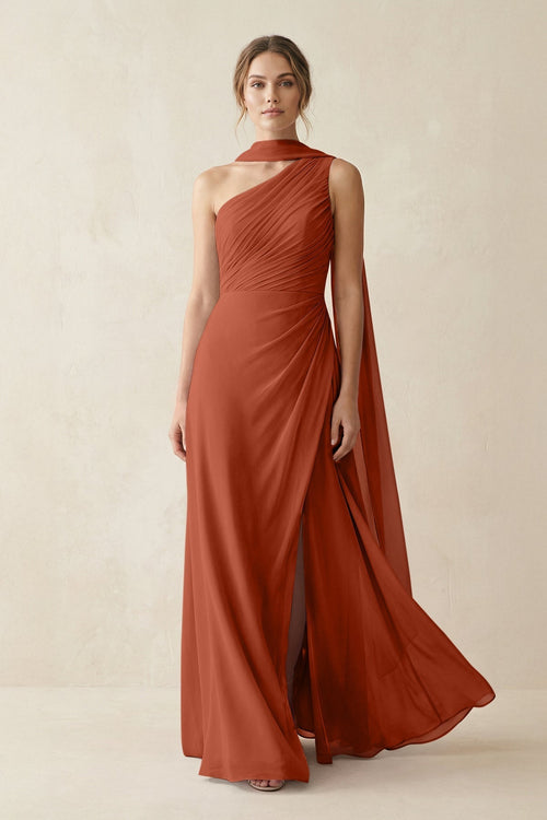 One - Shoulder Sheath Chiffon Bridesmaid Dress with Ribbon in Spice - KissProm Bridesmaid Dresses