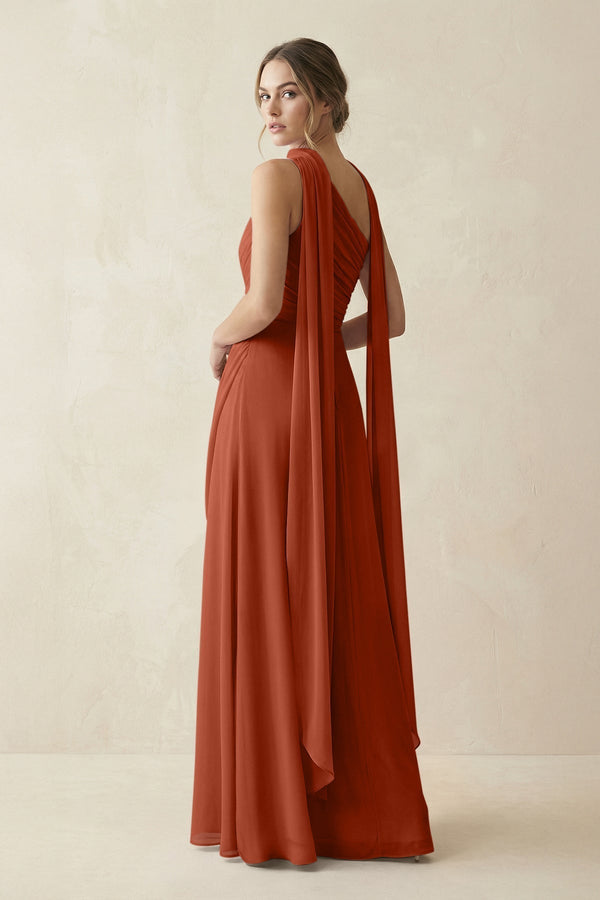 One - Shoulder Sheath Chiffon Bridesmaid Dress with Ribbon in Spice - KissProm Bridesmaid Dresses