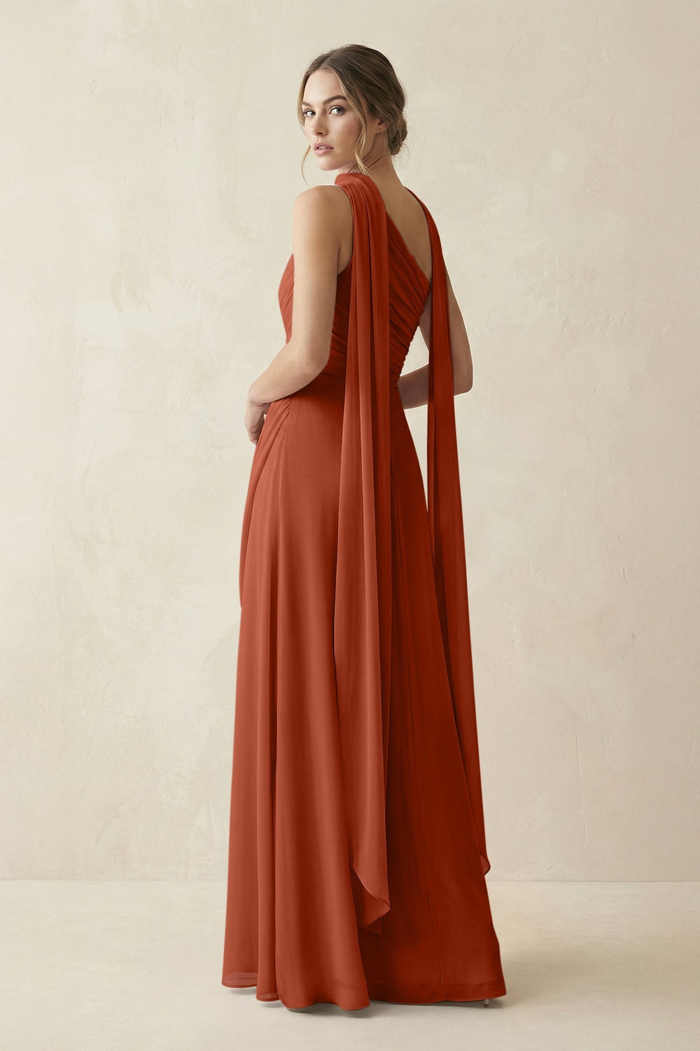 One - Shoulder Sheath Chiffon Bridesmaid Dress with Ribbon in Spice - KissProm Bridesmaid Dresses