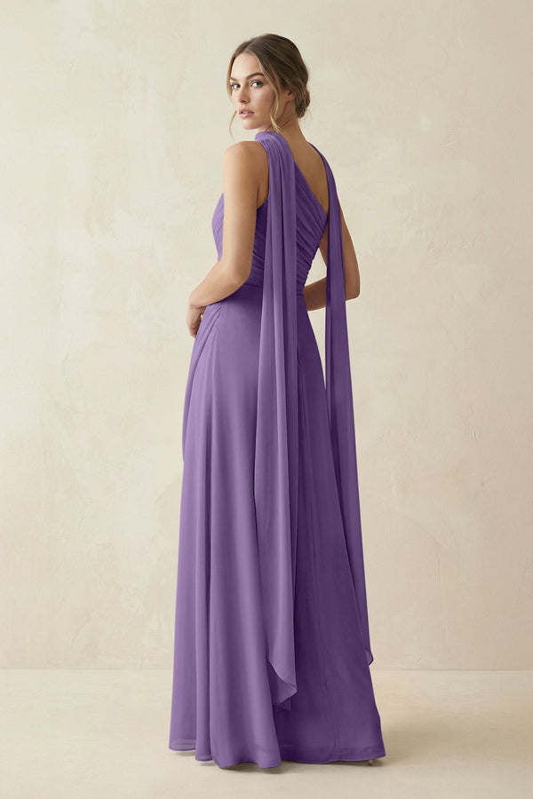 One - Shoulder Sheath Chiffon Bridesmaid Dress with Ribbon in Tahiti - KissProm Bridesmaid Dresses