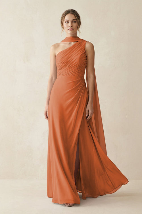 One - Shoulder Sheath Chiffon Bridesmaid Dress with Ribbon in Terracotta - KissProm Bridesmaid Dresses