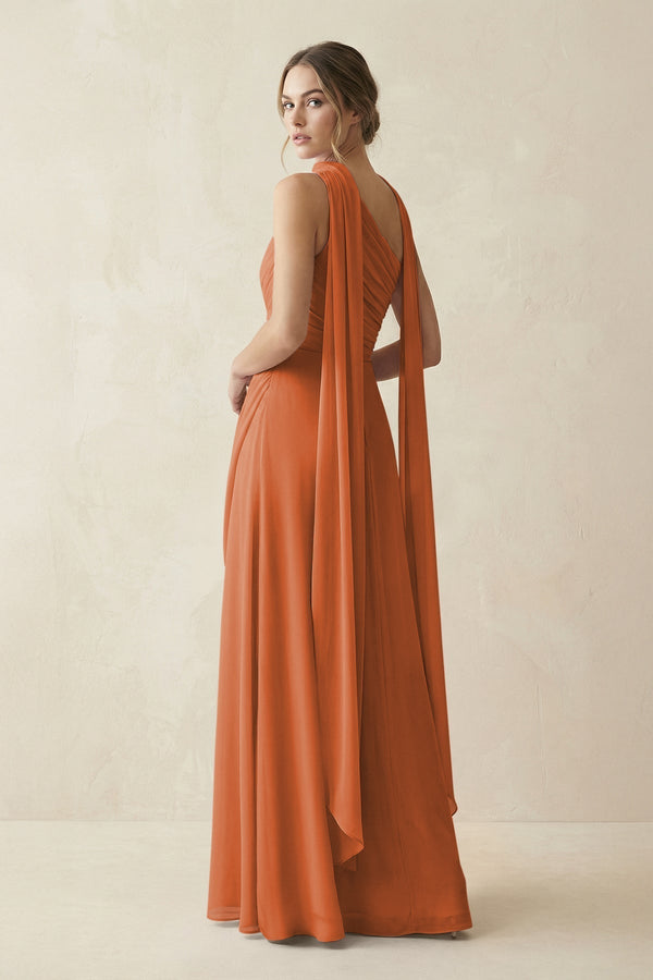 One - Shoulder Sheath Chiffon Bridesmaid Dress with Ribbon in Terracotta - KissProm Bridesmaid Dresses