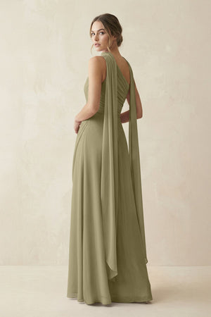 One - Shoulder Sheath Chiffon Bridesmaid Dress with Ribbon in Thyme - KissProm Bridesmaid Dresses