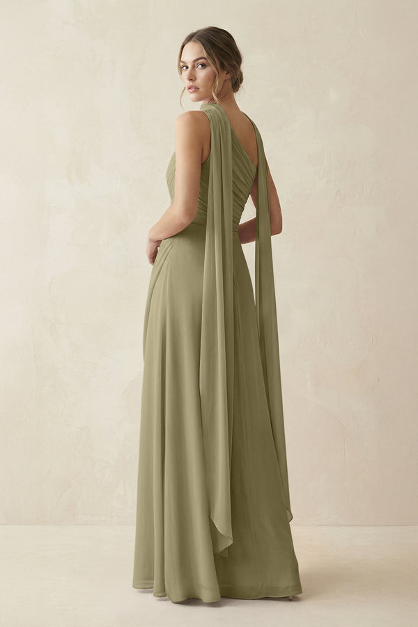 One - Shoulder Sheath Chiffon Bridesmaid Dress with Ribbon in Thyme - KissProm Bridesmaid Dresses