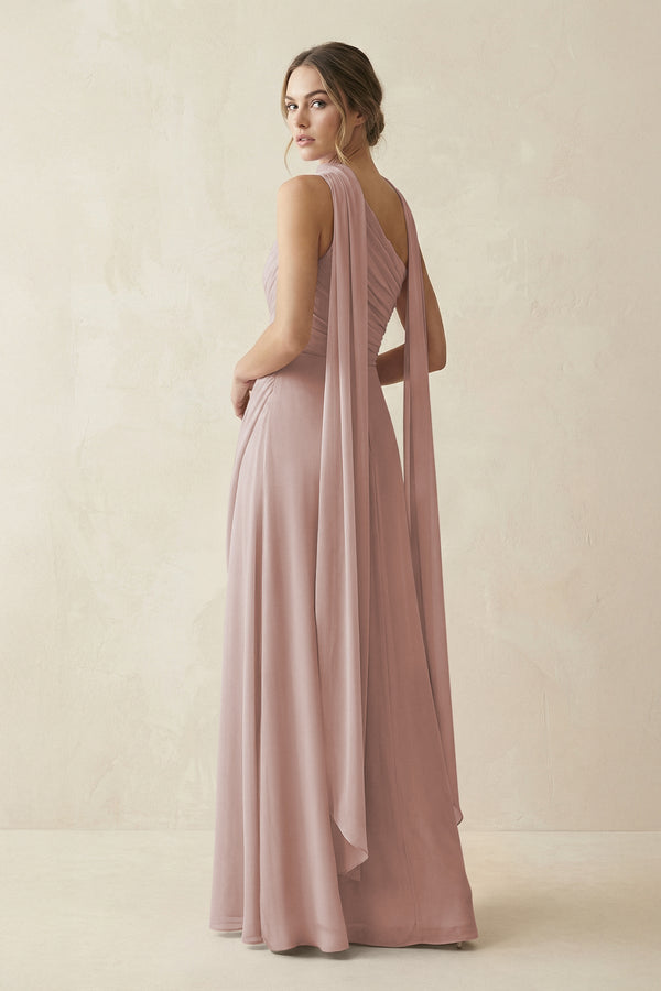 One - Shoulder Sheath Chiffon Bridesmaid Dress with Ribbon in Toffee - KissProm Bridesmaid Dresses