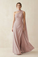 One - Shoulder Sheath Chiffon Bridesmaid Dress with Ribbon in Toffee - KissProm Bridesmaid Dresses