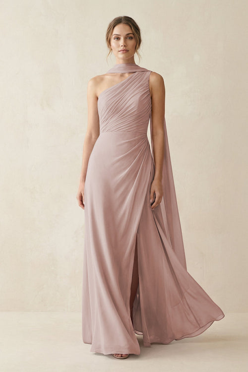 One - Shoulder Sheath Chiffon Bridesmaid Dress with Ribbon in Toffee - KissProm Bridesmaid Dresses