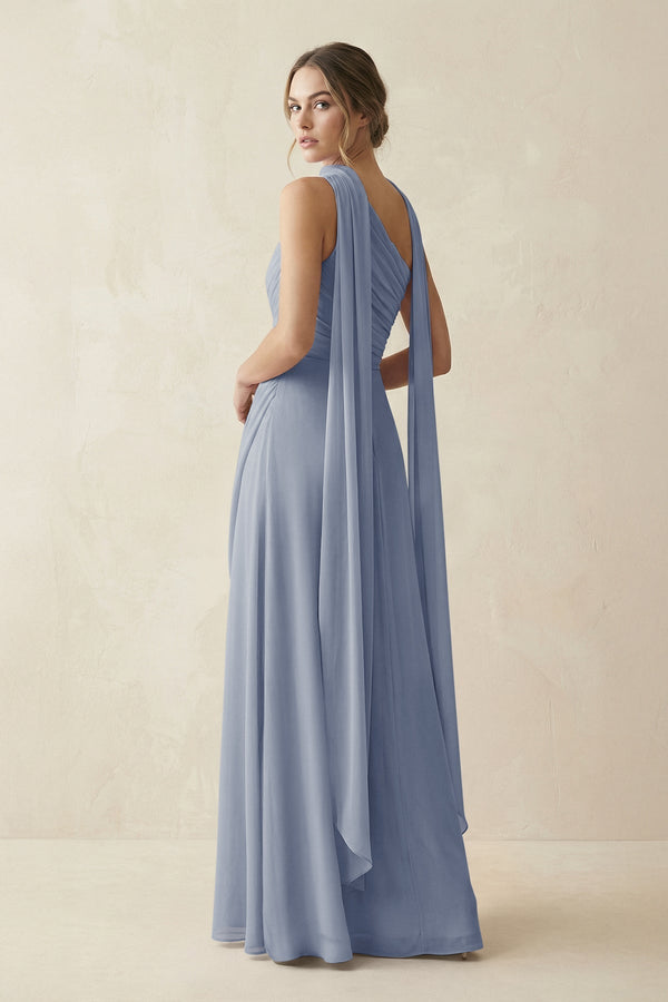 One - Shoulder Sheath Chiffon Bridesmaid Dress with Ribbon in Twilight - KissProm Bridesmaid Dresses