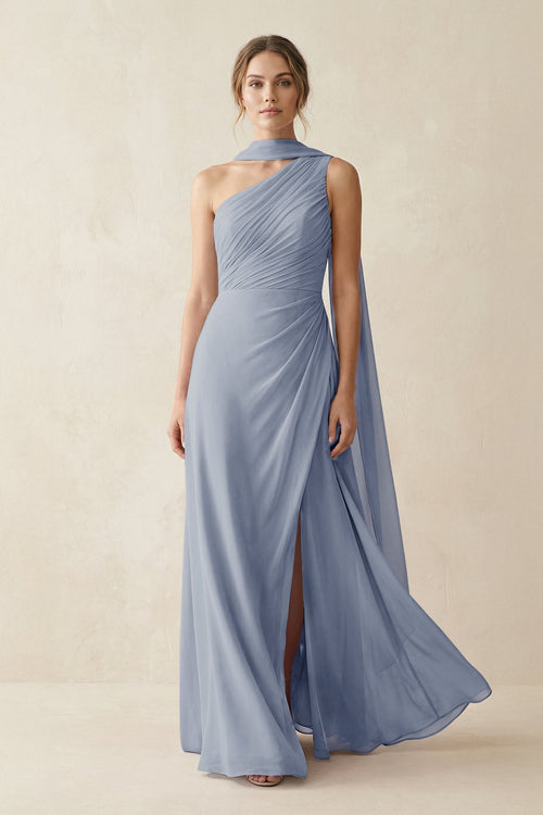 One - Shoulder Sheath Chiffon Bridesmaid Dress with Ribbon in Twilight - KissProm Bridesmaid Dresses