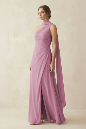 One - Shoulder Sheath Chiffon Bridesmaid Dress with Ribbon in Vintage Mauve - KissProm Bridesmaid Dresses
