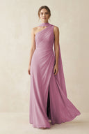 One - Shoulder Sheath Chiffon Bridesmaid Dress with Ribbon in Vintage Mauve - KissProm Bridesmaid Dresses
