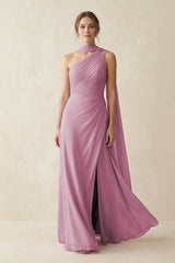 One - Shoulder Sheath Chiffon Bridesmaid Dress with Ribbon in Vintage Mauve - KissProm Bridesmaid Dresses