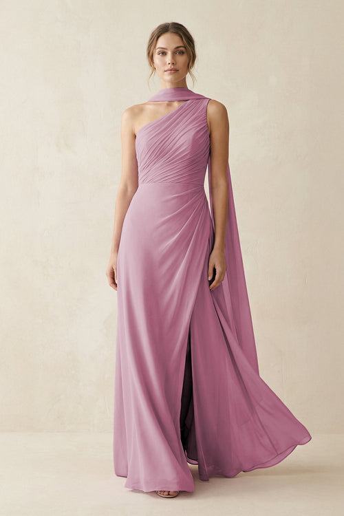 One - Shoulder Sheath Chiffon Bridesmaid Dress with Ribbon in Vintage Mauve - KissProm Bridesmaid Dresses