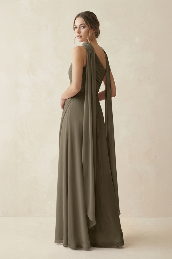 One - Shoulder Sheath Chiffon Bridesmaid Dress with Ribbon in Willow Green - KissProm Bridesmaid Dresses