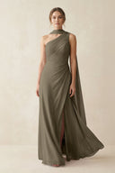 One - Shoulder Sheath Chiffon Bridesmaid Dress with Ribbon in Willow Green - KissProm Bridesmaid Dresses