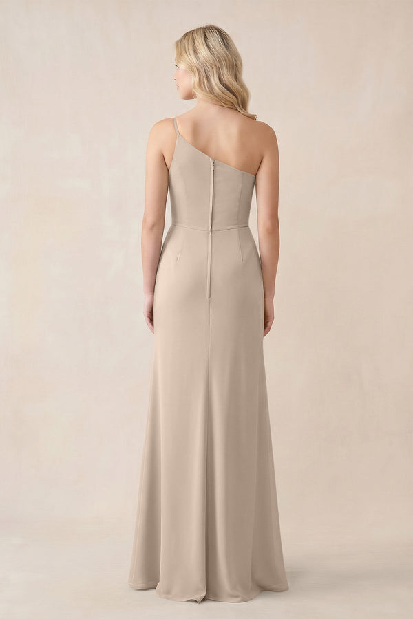 One - Shoulder Sheath Chiffon Ruched Bridesmaid Dress in Almond - KissProm Bridesmaid Dresses