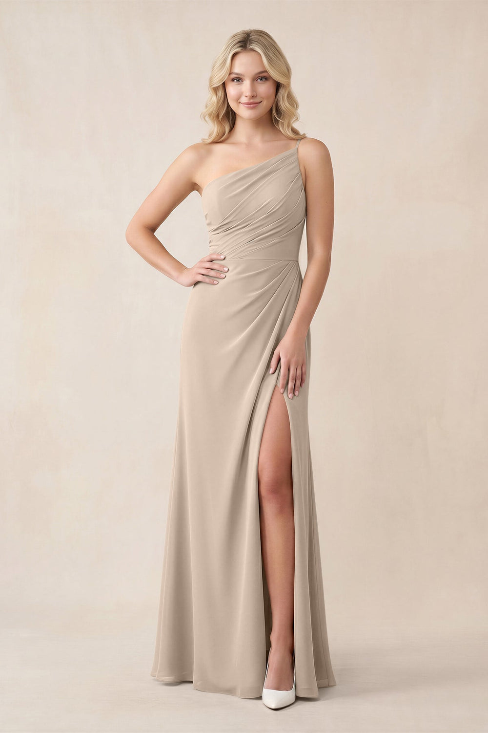 One - Shoulder Sheath Chiffon Ruched Bridesmaid Dress in Almond - KissProm Bridesmaid Dresses