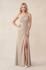 One - Shoulder Sheath Chiffon Ruched Bridesmaid Dress in Almond - KissProm Bridesmaid Dresses