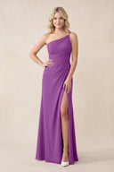 One - Shoulder Sheath Chiffon Ruched Bridesmaid Dress in Amethyst - KissProm Bridesmaid Dresses