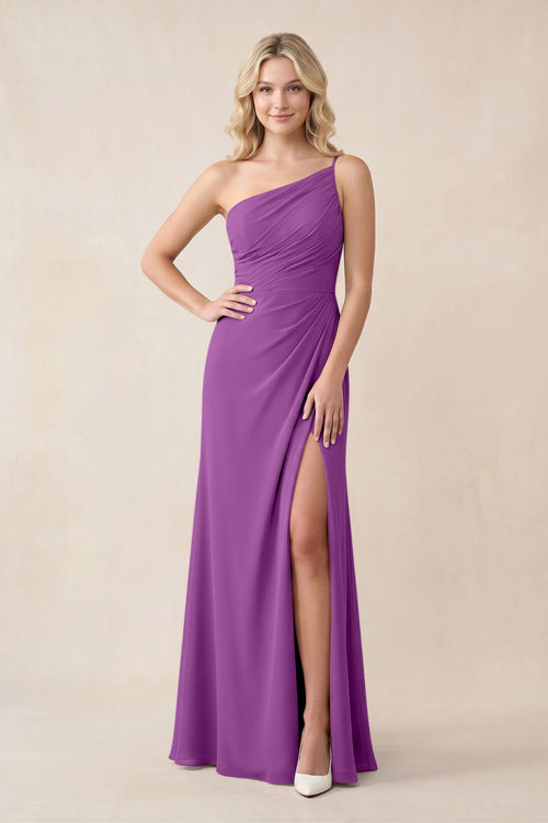 One - Shoulder Sheath Chiffon Ruched Bridesmaid Dress in Amethyst - KissProm Bridesmaid Dresses