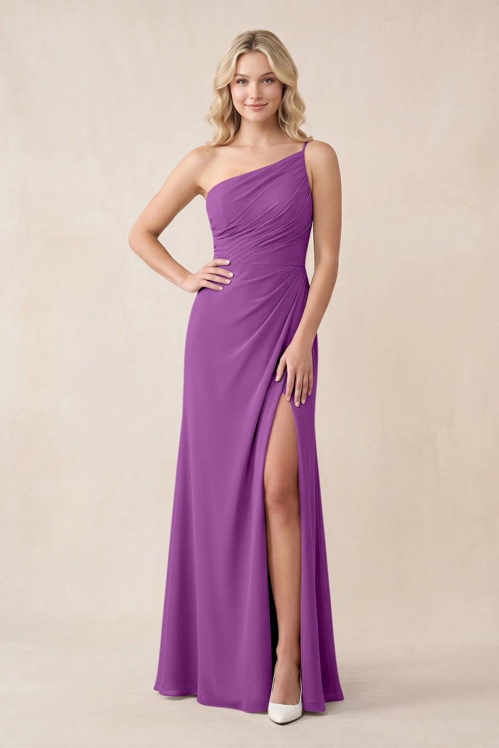 One - Shoulder Sheath Chiffon Ruched Bridesmaid Dress in Amethyst - KissProm Bridesmaid Dresses
