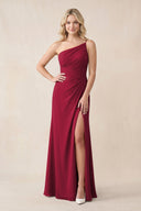 One - Shoulder Sheath Chiffon Ruched Bridesmaid Dress in Berry - KissProm Bridesmaid Dresses