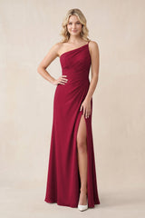 One - Shoulder Sheath Chiffon Ruched Bridesmaid Dress in Berry - KissProm Bridesmaid Dresses