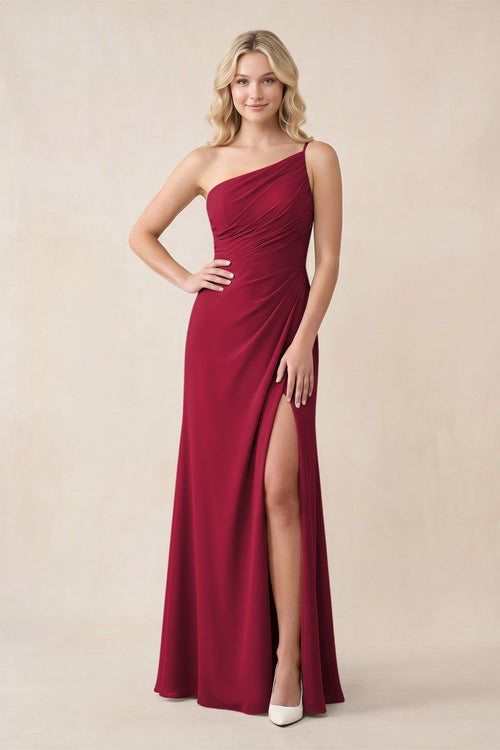 One - Shoulder Sheath Chiffon Ruched Bridesmaid Dress in Berry - KissProm Bridesmaid Dresses