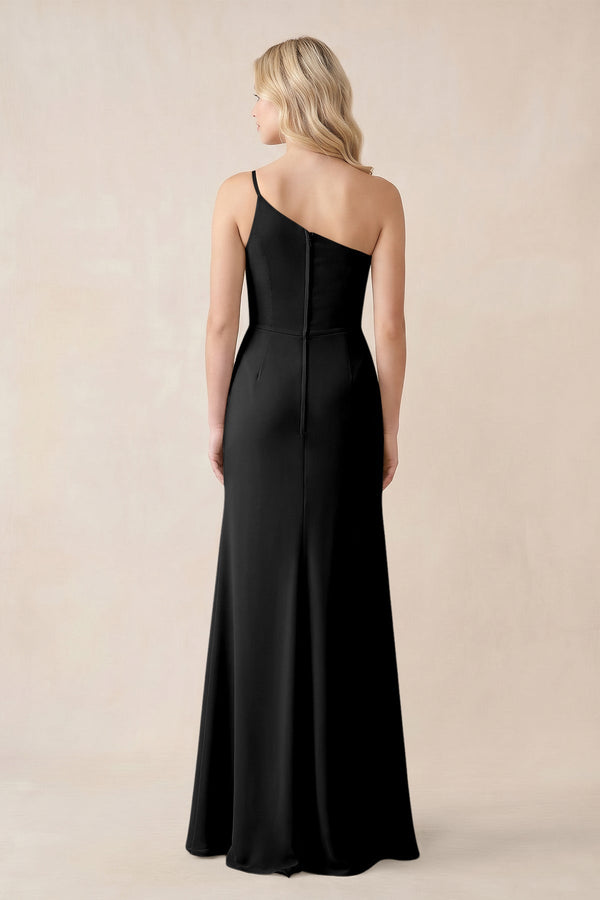 One - Shoulder Sheath Chiffon Ruched Bridesmaid Dress in Black - KissProm Bridesmaid Dresses