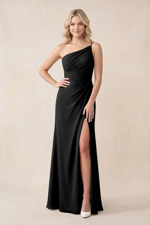 One - Shoulder Sheath Chiffon Ruched Bridesmaid Dress in Black - KissProm Bridesmaid Dresses