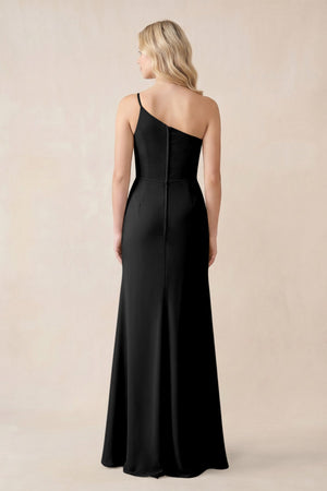 One - Shoulder Sheath Chiffon Ruched Bridesmaid Dress in Black - KissProm Bridesmaid Dresses