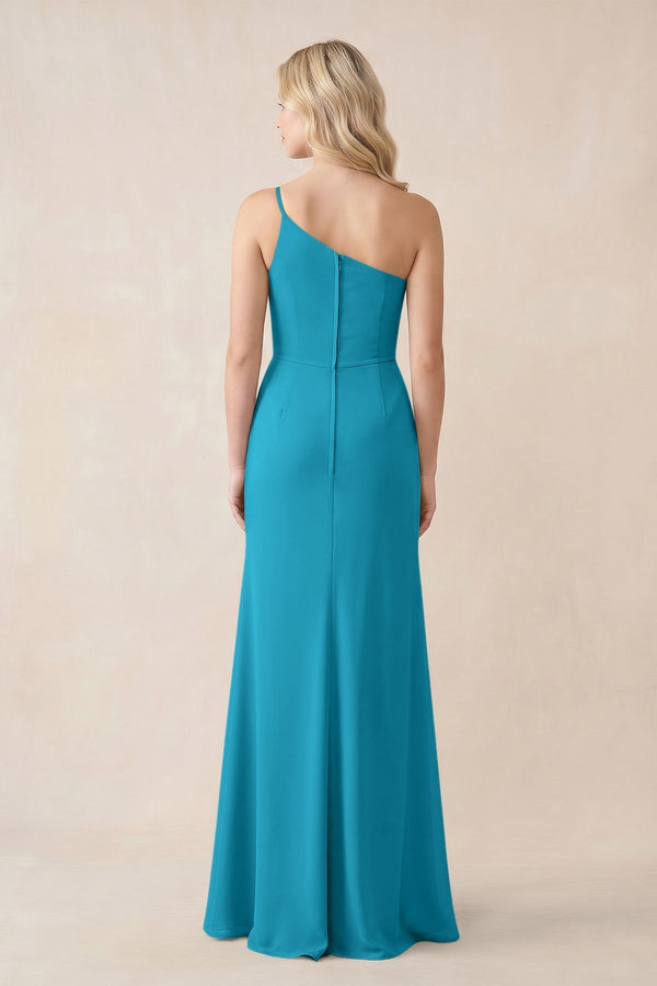 One - Shoulder Sheath Chiffon Ruched Bridesmaid Dress in Blue Jay - KissProm Bridesmaid Dresses