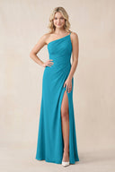 One - Shoulder Sheath Chiffon Ruched Bridesmaid Dress in Blue Jay - KissProm Bridesmaid Dresses