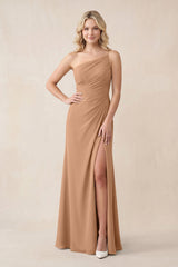 One - Shoulder Sheath Chiffon Ruched Bridesmaid Dress in Bronzer - KissProm Bridesmaid Dresses