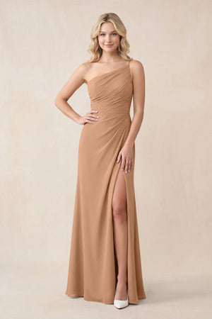 One - Shoulder Sheath Chiffon Ruched Bridesmaid Dress in Bronzer - KissProm Bridesmaid Dresses