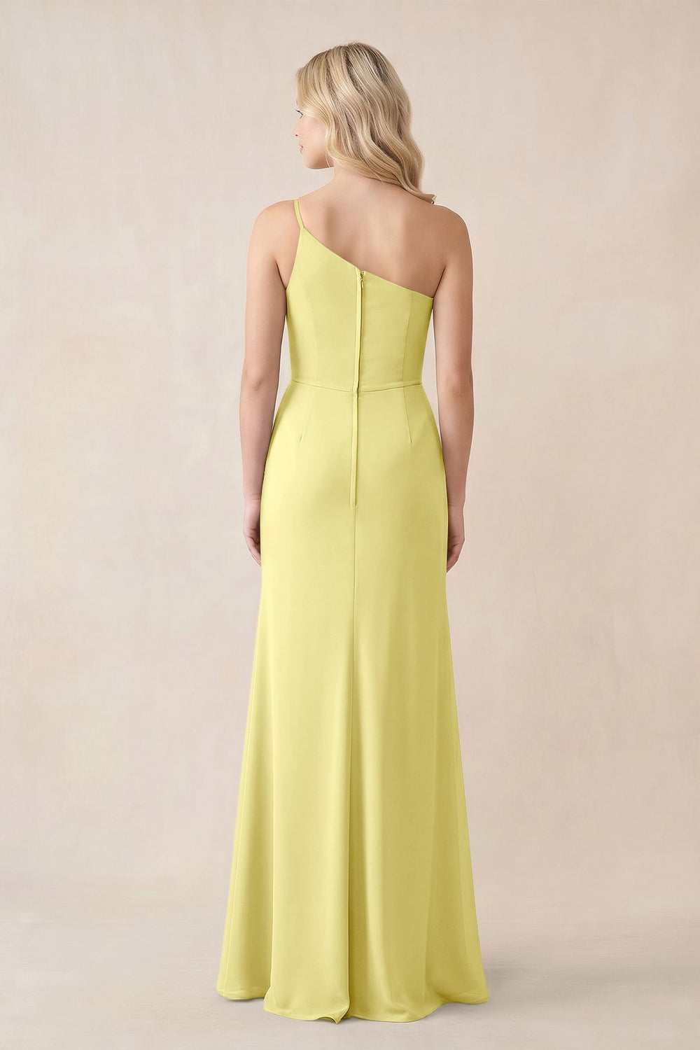 One - Shoulder Sheath Chiffon Ruched Bridesmaid Dress in Buttercup - KissProm Bridesmaid Dresses