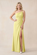 One - Shoulder Sheath Chiffon Ruched Bridesmaid Dress in Buttercup - KissProm Bridesmaid Dresses