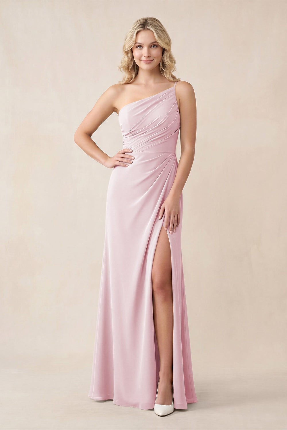 One - Shoulder Sheath Chiffon Ruched Bridesmaid Dress in Candy Pink - KissProm Bridesmaid Dresses