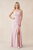 One - Shoulder Sheath Chiffon Ruched Bridesmaid Dress in Candy Pink - KissProm Bridesmaid Dresses