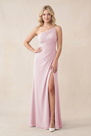 One - Shoulder Sheath Chiffon Ruched Bridesmaid Dress in Candy Pink - KissProm Bridesmaid Dresses