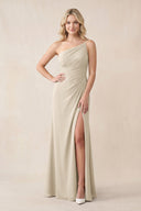One - Shoulder Sheath Chiffon Ruched Bridesmaid Dress in Champagne - KissProm Bridesmaid Dresses
