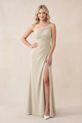One - Shoulder Sheath Chiffon Ruched Bridesmaid Dress in Champagne - KissProm Bridesmaid Dresses