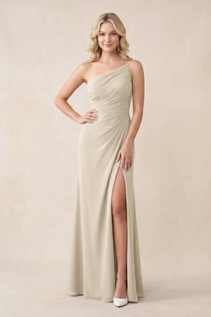 One - Shoulder Sheath Chiffon Ruched Bridesmaid Dress in Champagne - KissProm Bridesmaid Dresses