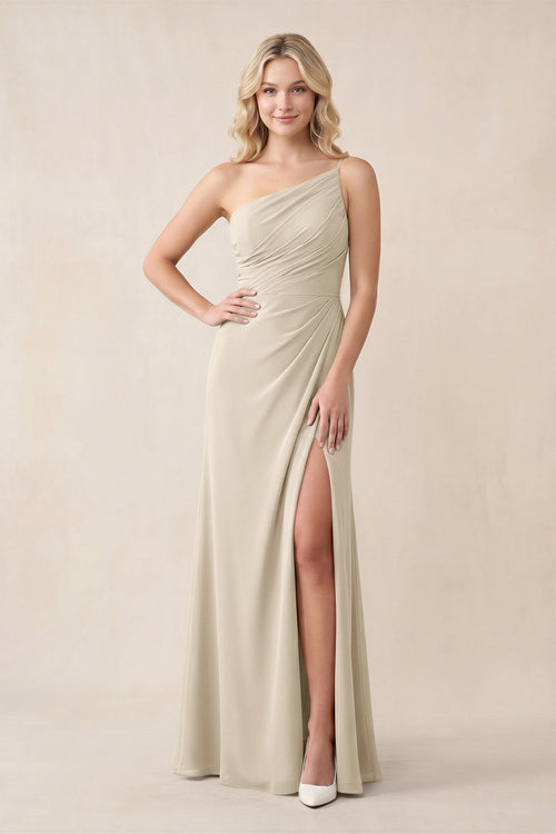 One - Shoulder Sheath Chiffon Ruched Bridesmaid Dress in Champagne - KissProm Bridesmaid Dresses